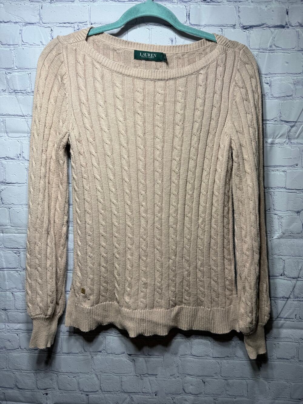 Lauren Ralph Lauren Womens Cable Knit Boat Neck Sweater Tan Sz SP
